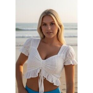 Romwe M-L Eyelet Milkmaid Crop Top White Puff Sleeve Smocked Cinch Bust